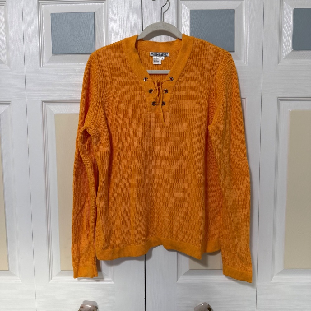 WinterSilks Orange Cotton Lace Up V Neck Sweater Women's Size L